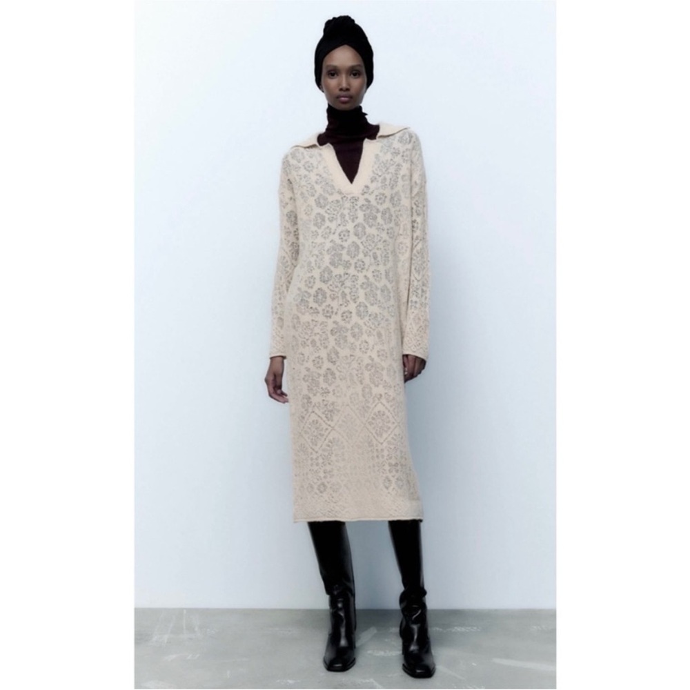 ZARA Sand Pointelle Knit Polo Midi Dress